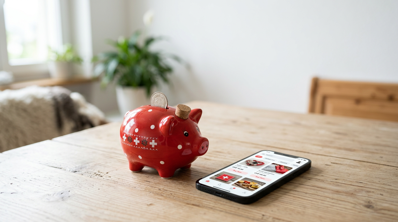 Ein Sparschwein auf einem Holztisch neben einem Smartphone mit einer Schweizer Kleinanzeigen-App.