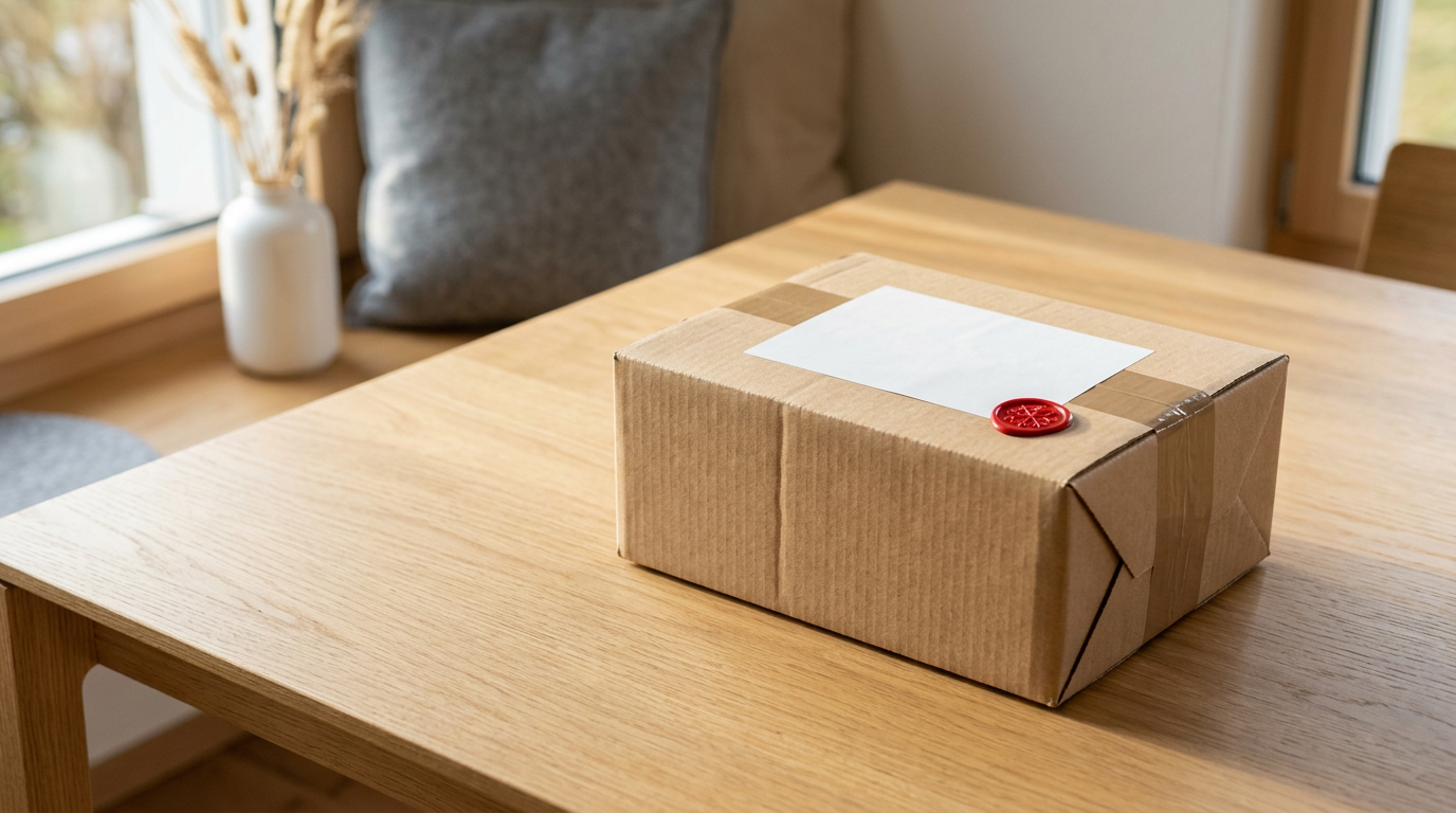 Ein ordentlich verpacktes Postpaket auf einem Holztisch, bereit für den Versand in der Schweiz