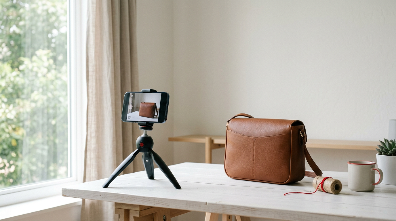 Smartphone auf Stativ fotografiert Handtasche vor hellem Fenster mit natürlichem Tageslicht