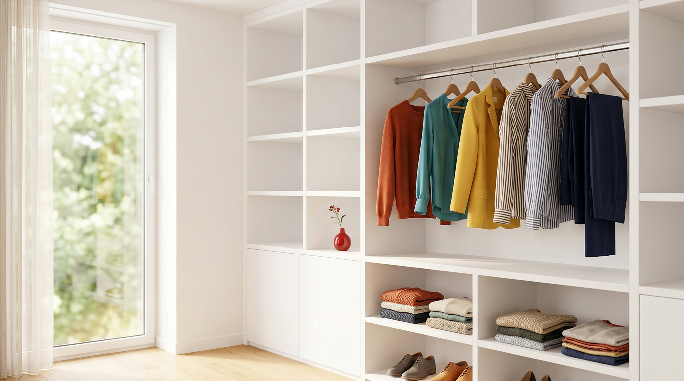Ein heller, ordentlicher Kleiderschrank mit farbenfroher Kleidung auf Holzkleiderbügeln