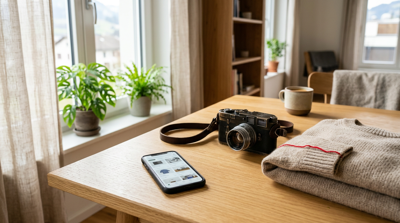 Ein Smartphone mit einer geöffneten Kleinanzeigen-App liegt neben einer Kamera und einem Pullover auf einem Holztisch.